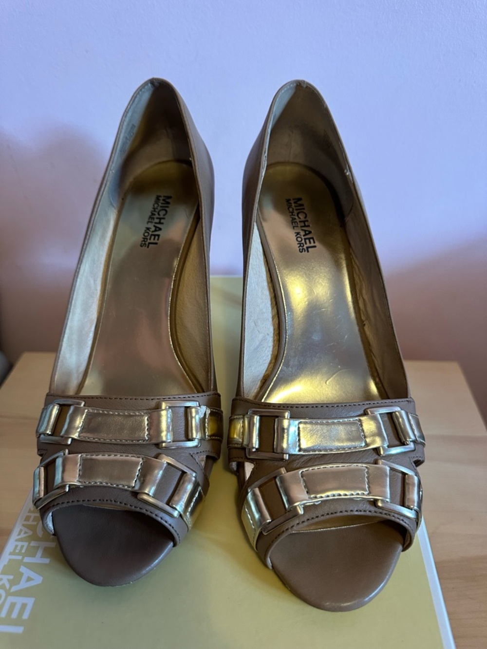 Michael Kors Taupe Open-Toe Heels with Metallic Gold Accents